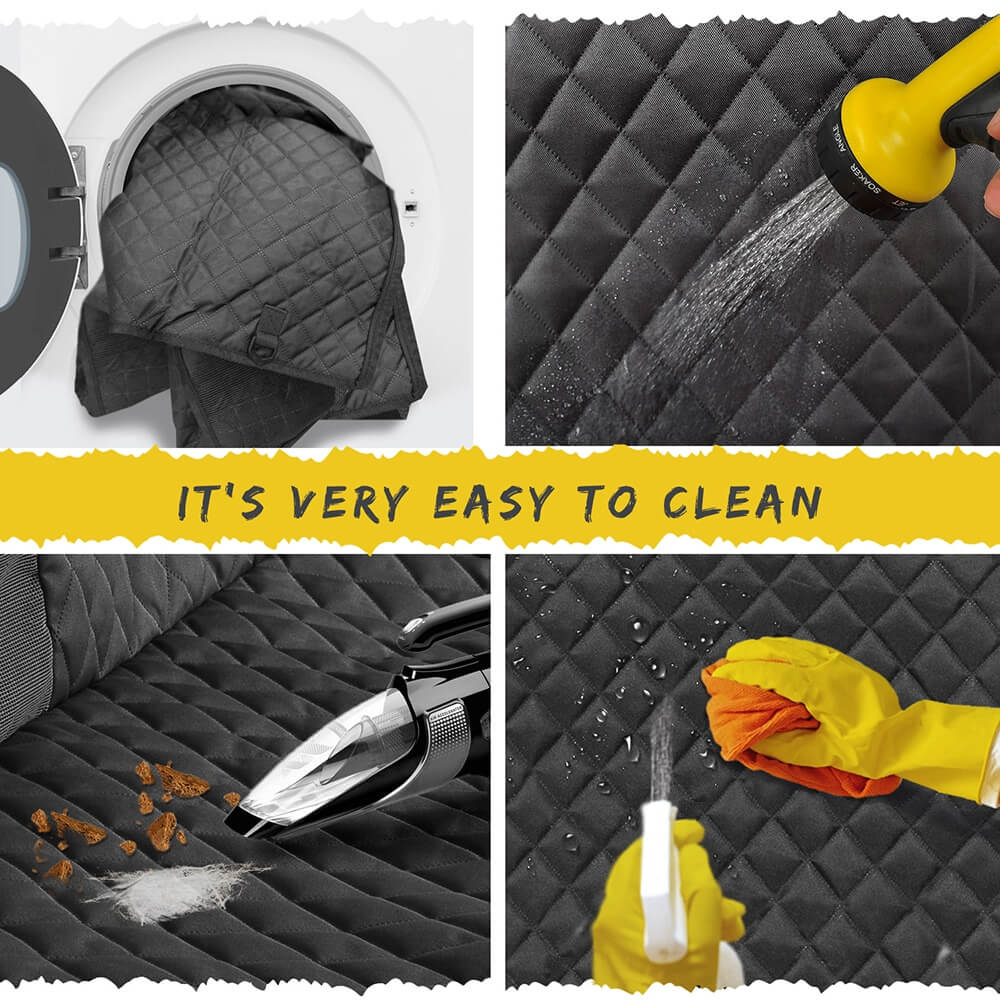 Large Dog Car Seat Cover it's very easy to clean in Washing Machine or Rinse with Water also Clean with Vacuum or clean with cloth and spray on cleaner