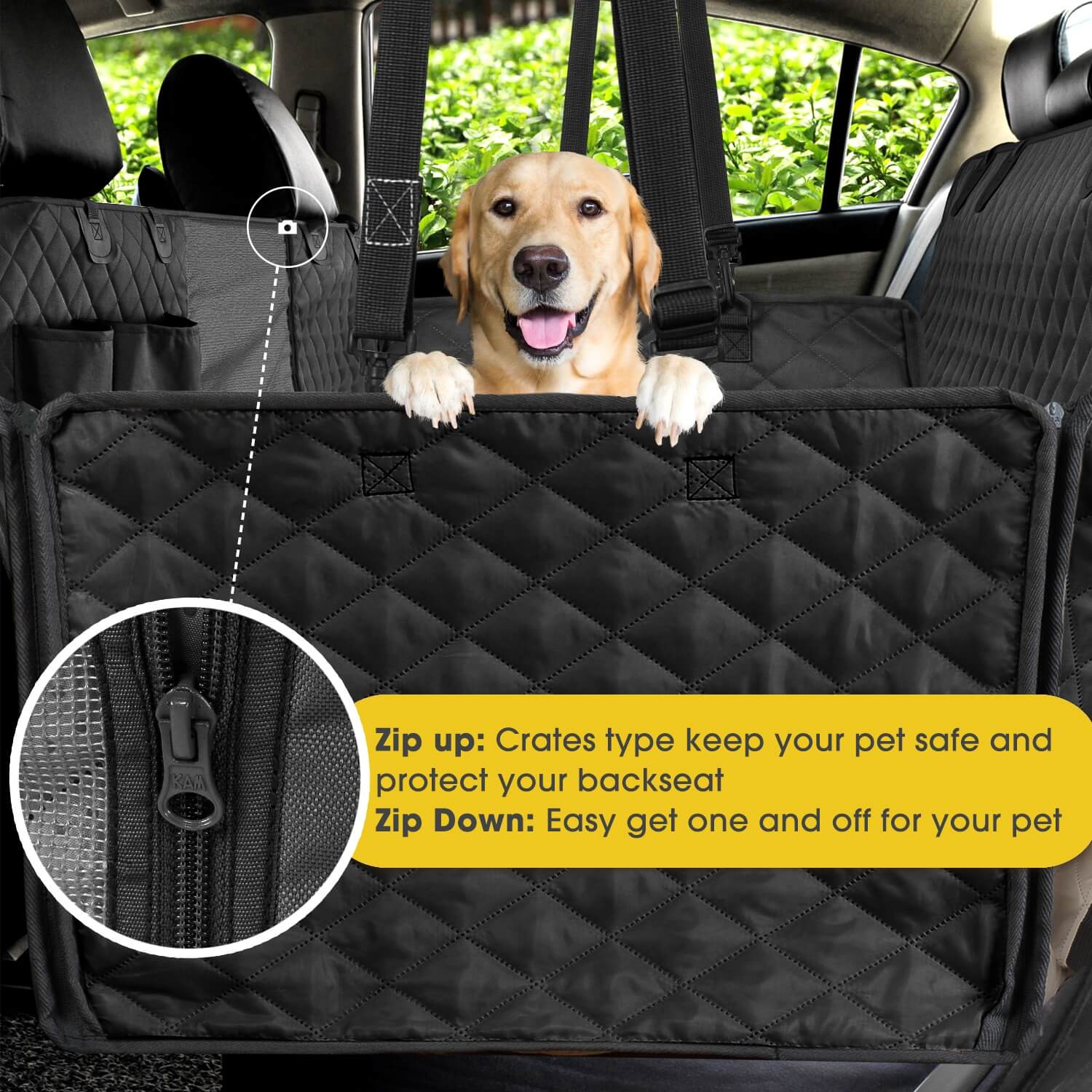 Large Dog Car Seat Cover Zip up sides to form Crate and keep pets safe and protect back seat with close up inset of Zipper