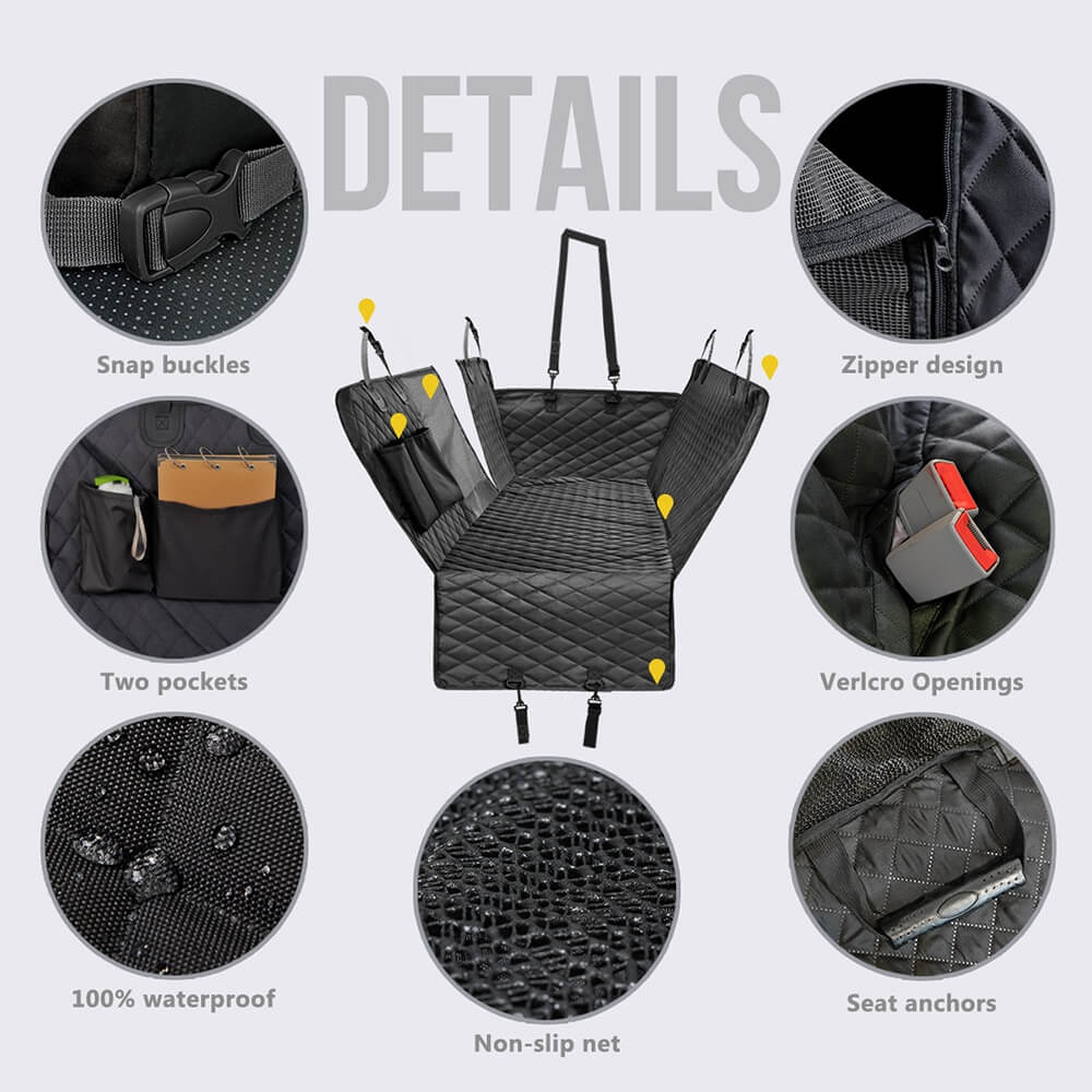 Large Dog Car Seat Cover Details Top Left counterclockwise Snap Buckles, Two pockets, 100 percent waterproof, non slip net, seat anchors, Velcro openings and Zipper design