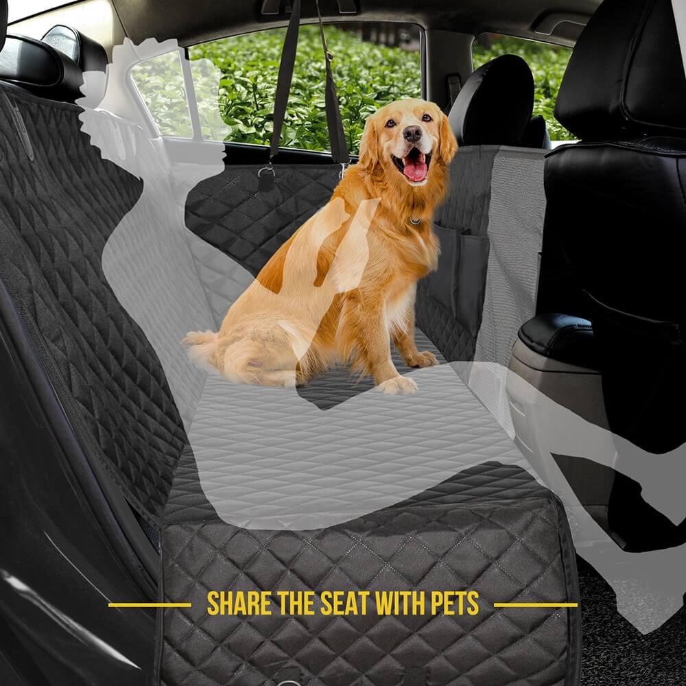 Large Dog Car Seat Cover with dog seated inside vehicle and outline of person seated with caption that reads Share The Seat with Pets