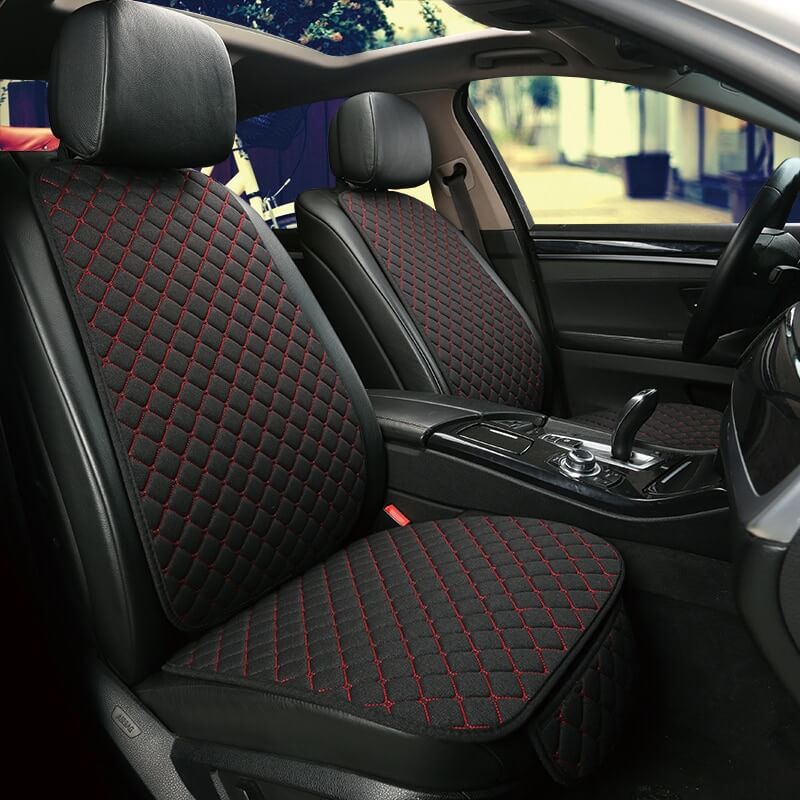 Linen Car Seat Cover One Pair in Black with Red stitching