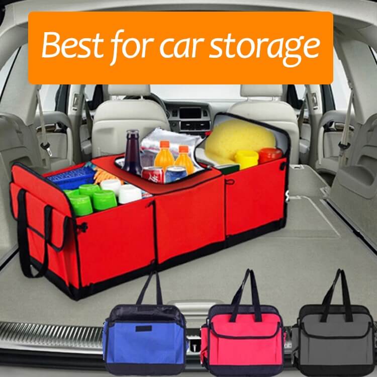 Universal Car Storage Organizer Trunkin rear of SUV with picnic items inside also smaller picture at bottom side view of the three different colors blue red and green