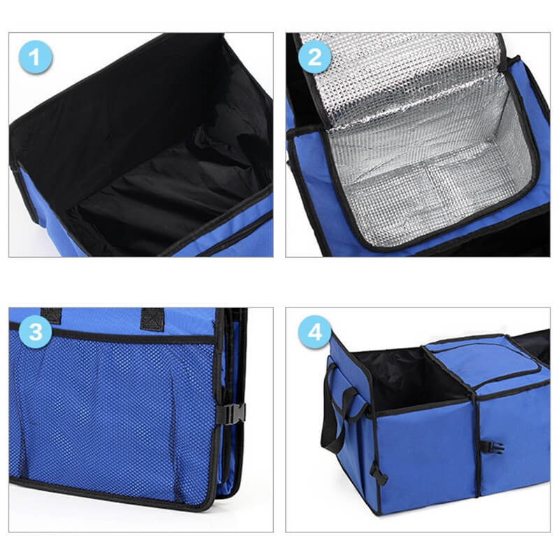 Universal Car Storage Organizer Trunk four different views of blue organizer showing inside pockets and one view showing organizer folded