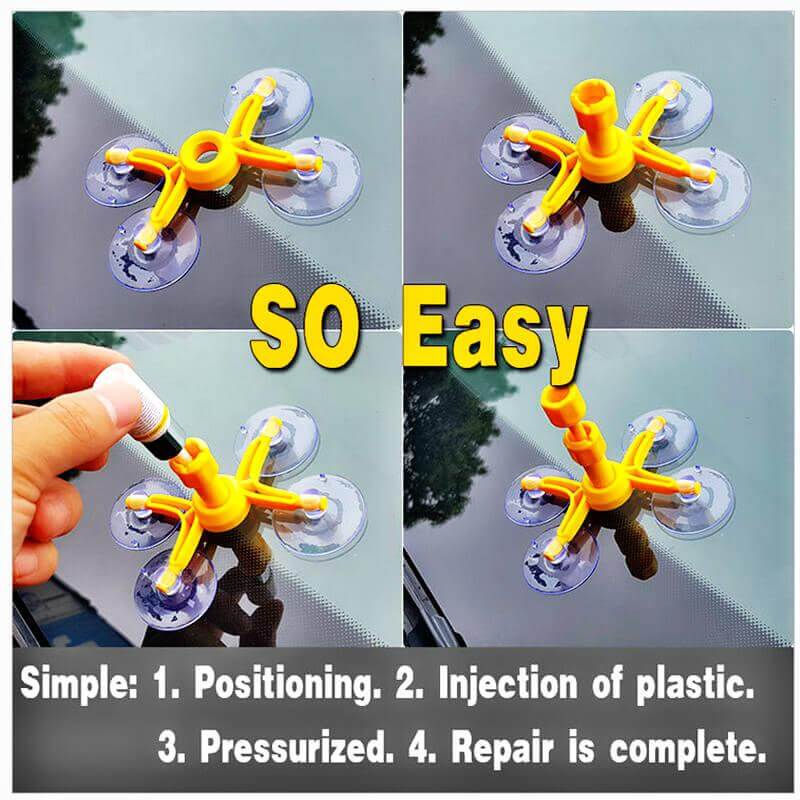 Windshield Repair Kit Instructions with pictures showing four steps to repair windshield